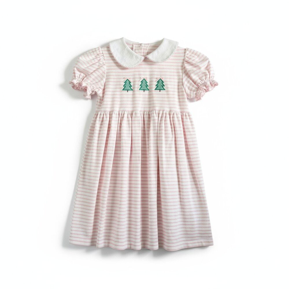 Stellybelly Girls Christmas Tree Embroidered Dress Size 7 Pink White Stripes